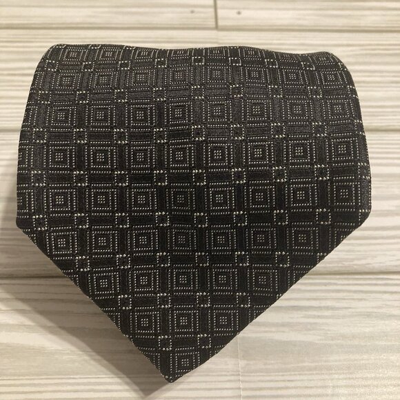 Corneliani Silk Tie Black /White Geometric Square Pattern Hand StitchingItaly
